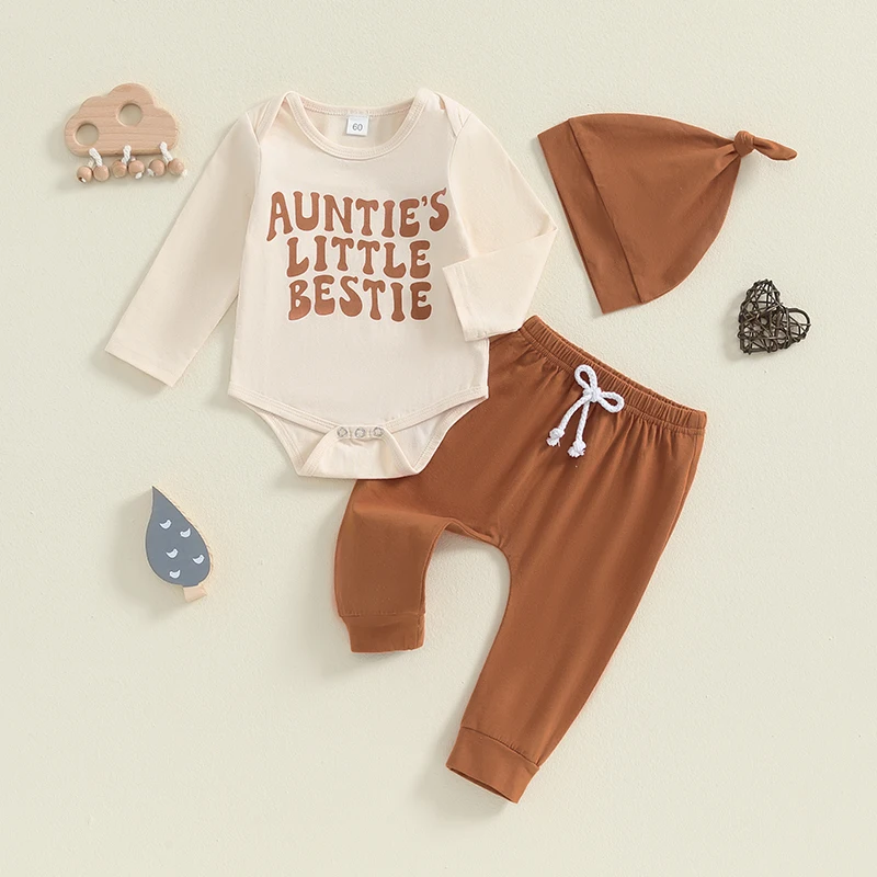 Fall Newborn Outfit Baby Coming Home Hospital Clothes Auntie’s Little Bestie Long Sleeve Romper Pants Hat 0-12M