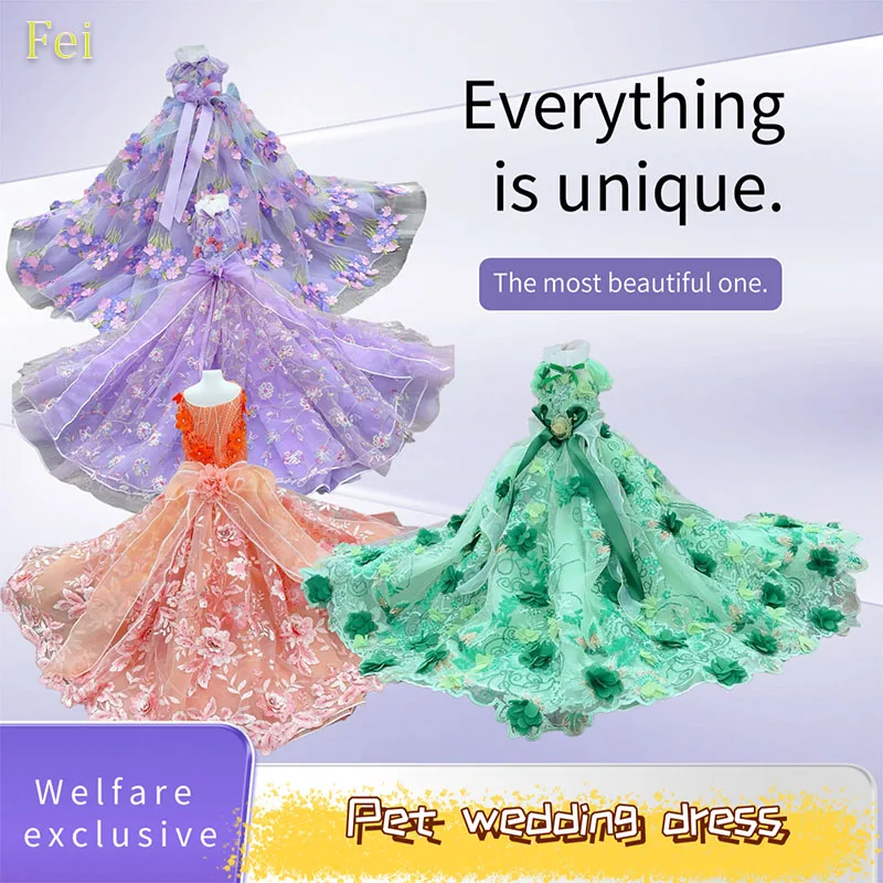 

Luxury Exquisite Floral Princess Dog Wedding Dress Long Train Formal Costume for Small Dogs Pet Apparel Dog Fashion Puppy Gown