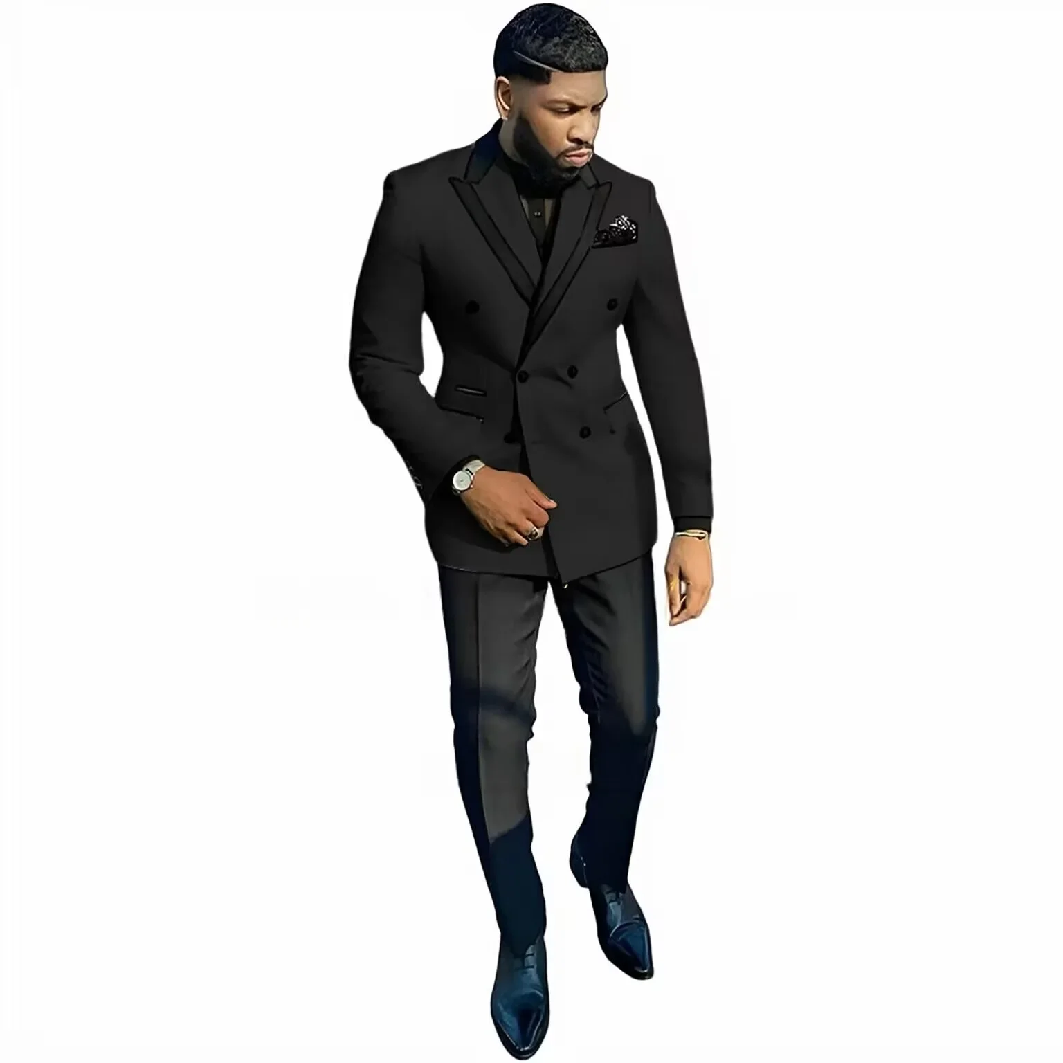 Traje de 2 piezas de boda a la moda para hombre (chaqueta + pantalones), solapa de satén, doble botonadura, esmoquin Formal eleg