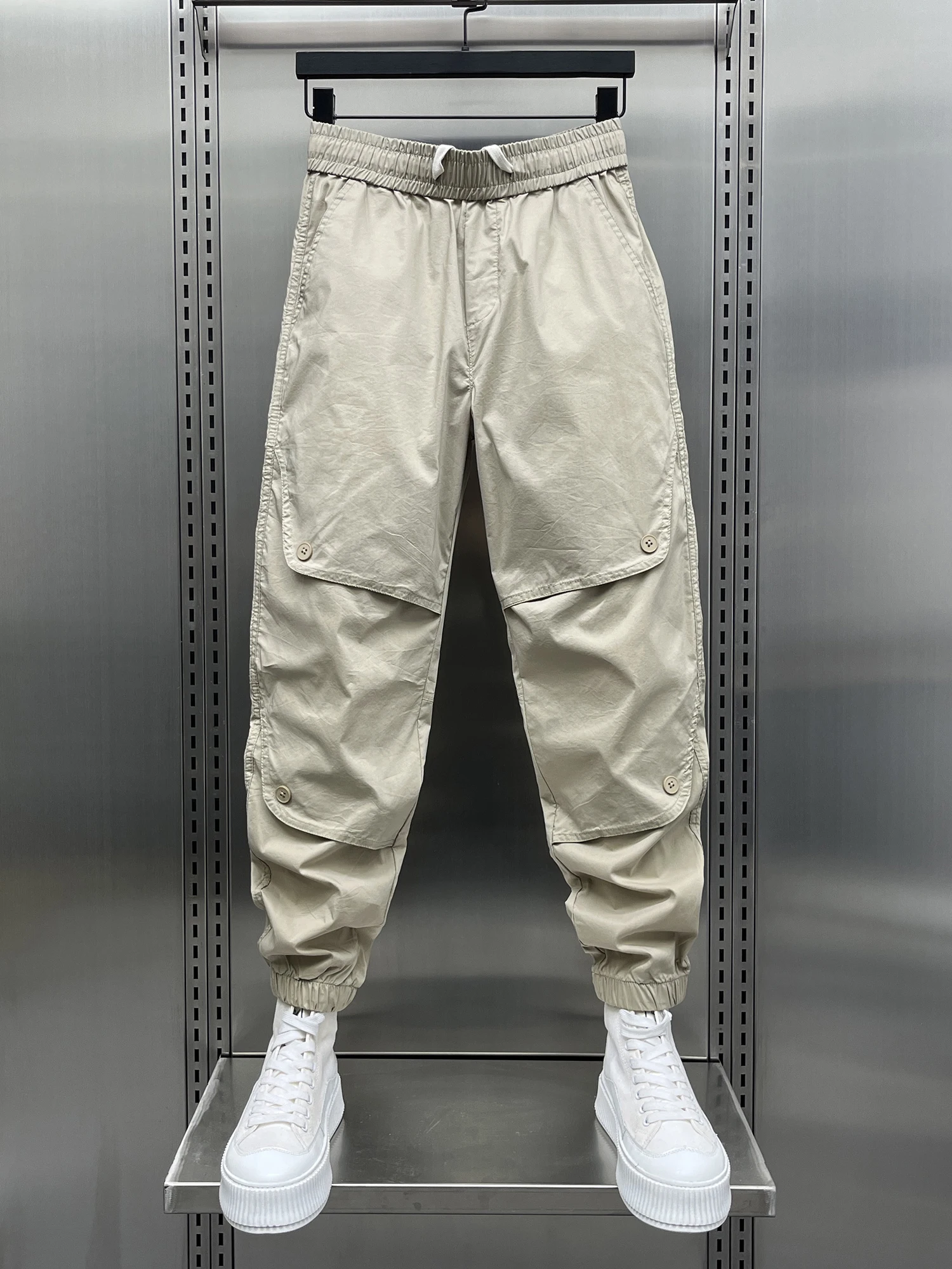 

American Sle Patchwork Buttoned Workwear Casual Pants Men Summer Loose Harem Cuffed Trendy Youthful Nine Point Trousers