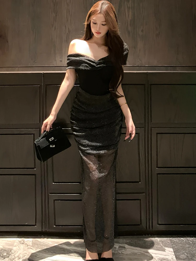 2025 ใหม่สีดําผ้าไหมตาข่าย SHEER เซ็กซี่ชุดผู้หญิง Elegant Chic หน้าอกห่อชุดฤดูใบไม้ผลิฤดูร้อนเกาหลี ...