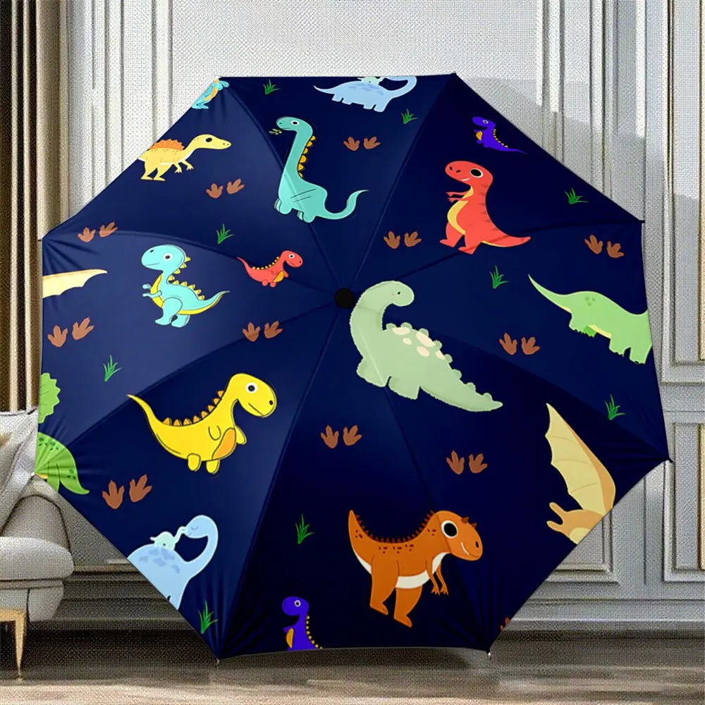 

Автоматический складной зонт с красочными мультяшными динозаврами на темно-синем фоне - портативная складная конструкция, прочный каркас из 8 спиц