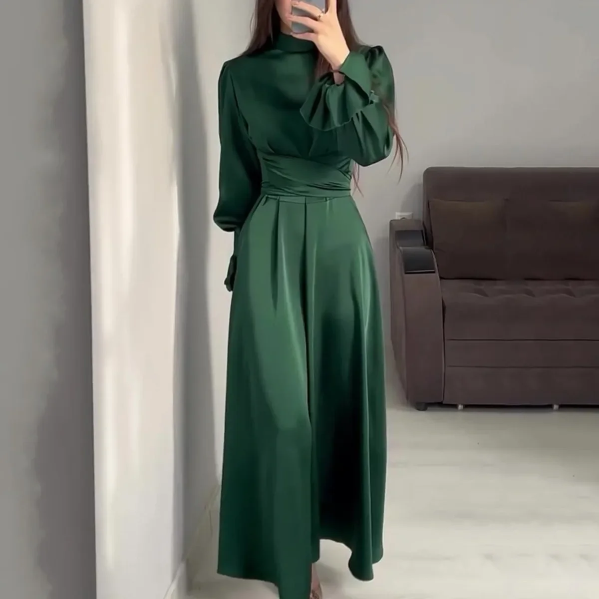 New Spring Fashion Puffy Sleeves Dress for Women Female Casual Maxi Muslim Dress Women Solid Slim Robe Vestidos Musulmane Femme