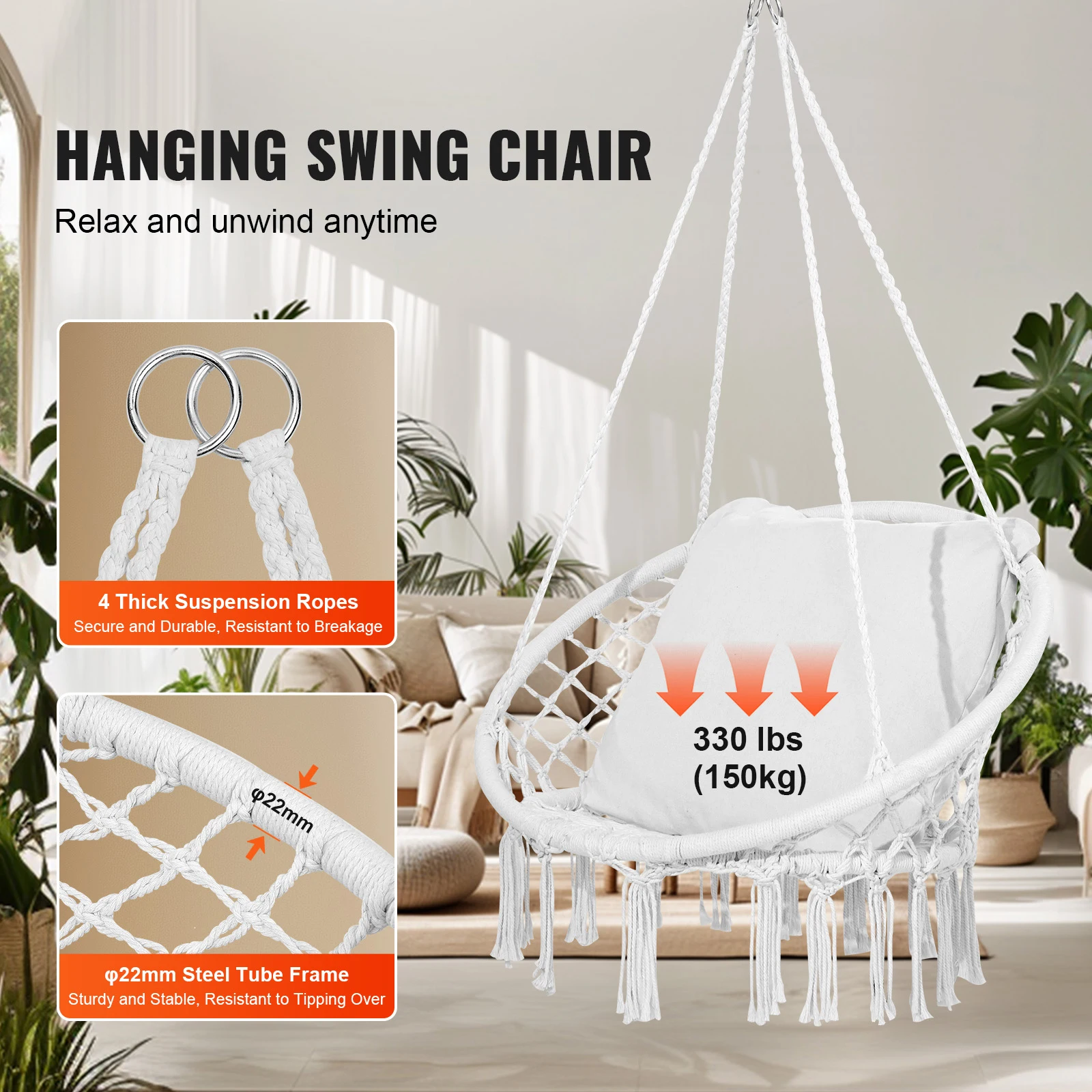 SucceBuy Hanging Hammock Swing Chair 330lbs Macramé Hanging Chair Cotton Rope Swing Chair for Bedroom Balcony Patio Garden White image 2