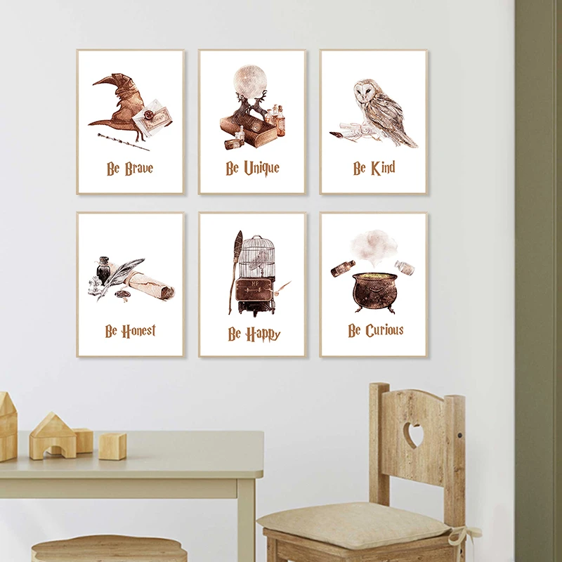 Póster de mago de Harry Potter, libro mágico, escoba, bola de cristal, poción, impresiones, arte de pared para guardería, pintura en lienzo, decoración de habitación de niños