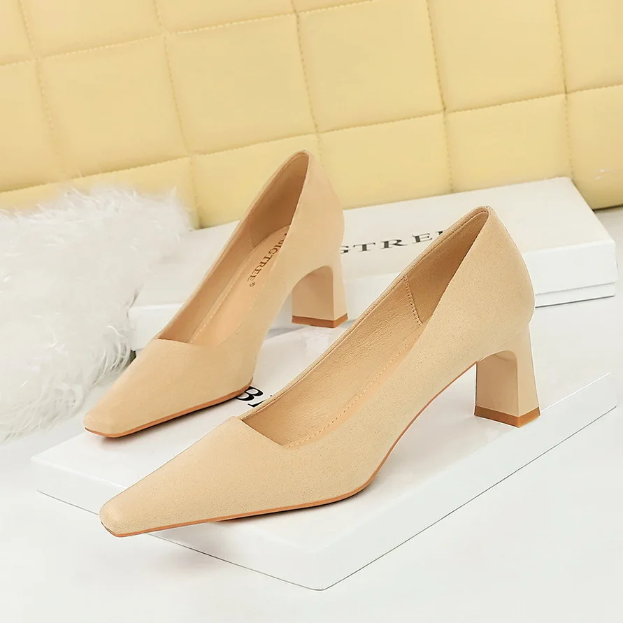 

Women Pumps Shoes Korean Version Fashion Simple Comfortable Thick High Heels Versatile Professional Suede Shallow Mouth Square