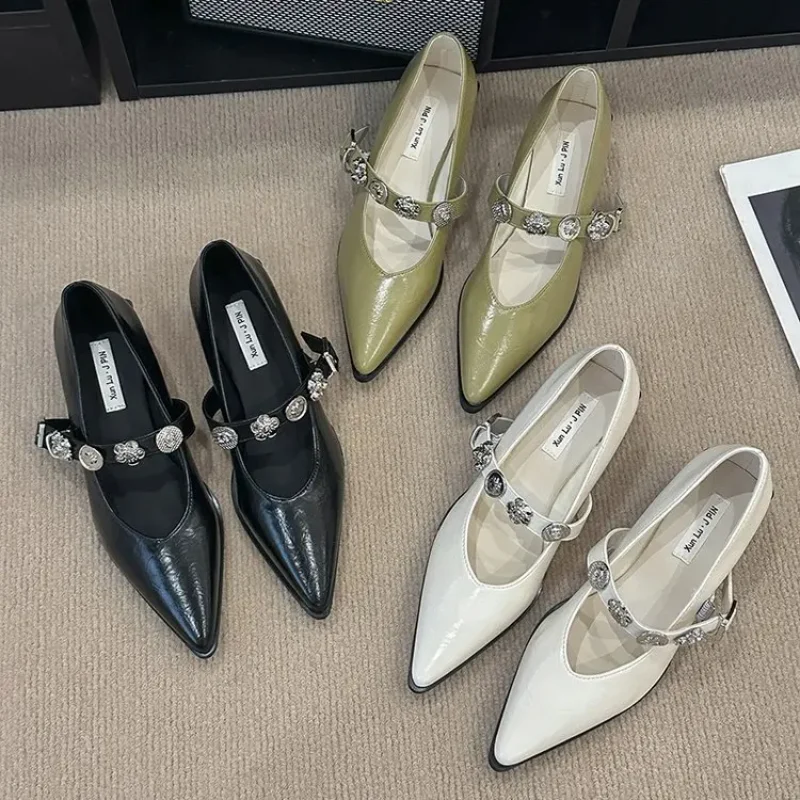 

2025 New Hot Selling Pointy Single Shoes Women Line Belt Medium Heel Retro Shallow Mouth Temperament Small Leather Shoes Heels