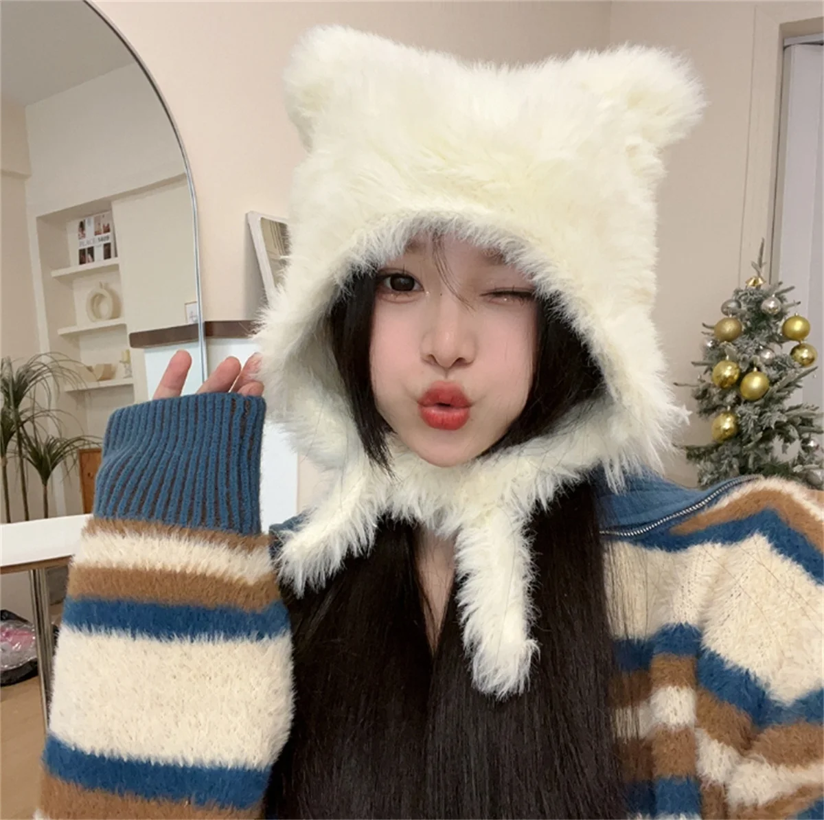 Cute Black Bear Ears Rabbit Fur Hat Plush Wrap Head Cap Cold Warm Fur Cap Girls Korean Hats Knitted Hat