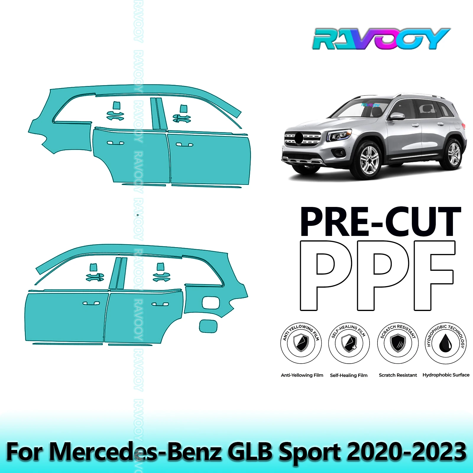 

For Mercedes-Benz GLB Sport 2020-2023 8.5mil Clear Matte Pre-Cut PPF Door & A/B Pillar Kit TPU Paint Protection Film Set