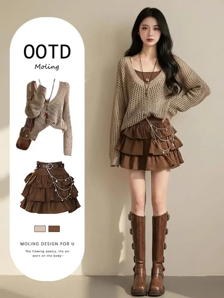 

Spring Summer Hollow out V-Ne Women's Set Casual Slimming Cover up with ort Skirt Tee Piece Set High Waist Pure Color