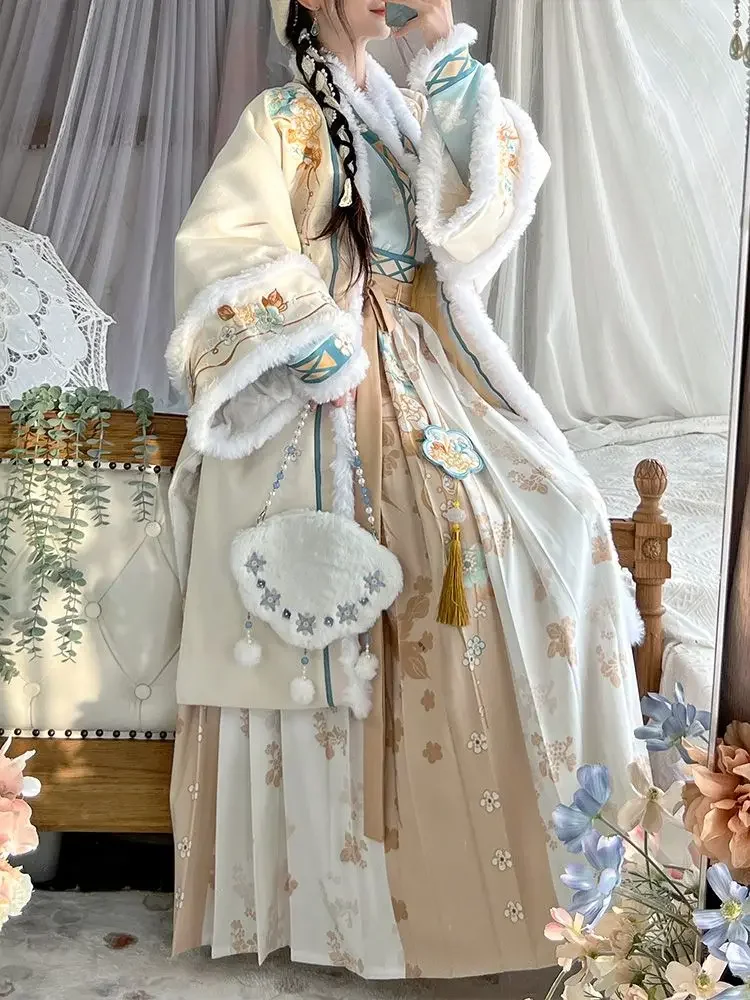 Jesienno-zimowa piosenka dynastii Hanfu zestaw sukni kobiet w stylu Vintage słodka pluszowa księżniczka sukienka damska tradycyjny chiński styl ciepłe szaty