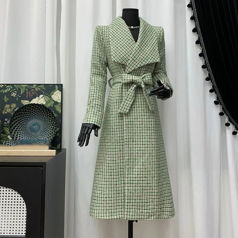 

Autumn Winter Women Overcoat Lapel Women Coat 2025 New Fashion High-Quality Temperament Grid Leisure Women's Woolen Coat H771