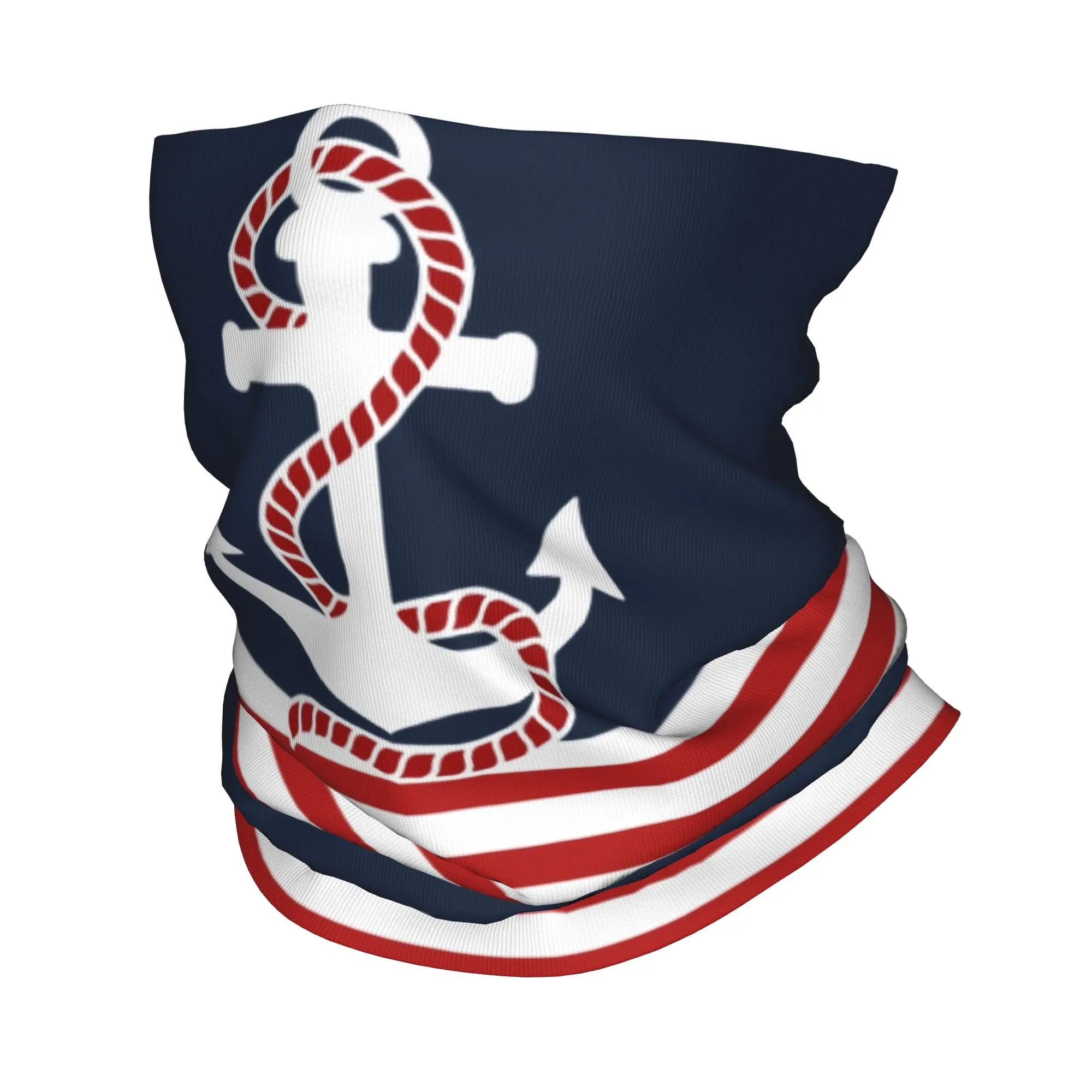 Nautical Stripes and Red Anchor Bandana Neck Gaiter Windproof Face Scarf Cover Men Women Sailing Sailor Headwear Tube Balaclava