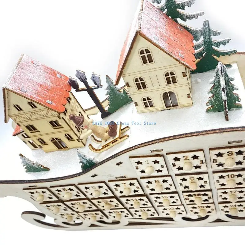 

G6KA Santa Sleigh Christmas Wooden Advent Calendar with LED Light Village House 24 Day Countdown Ornament with Drawerx
