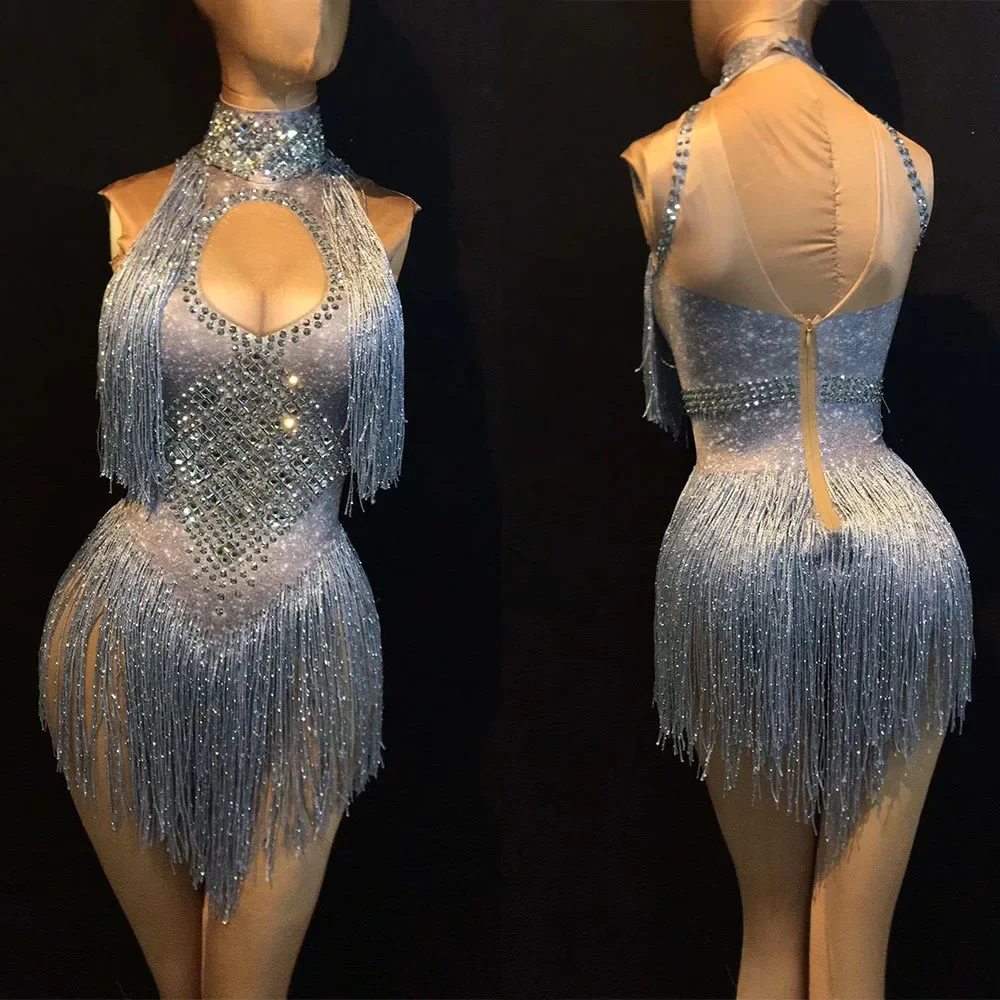 

Rhinestone Silver Tassel Sexy Nude Jumpsuits Women Stage Dance Costume Nightclub Dance Female Singer Show Bright Leotard