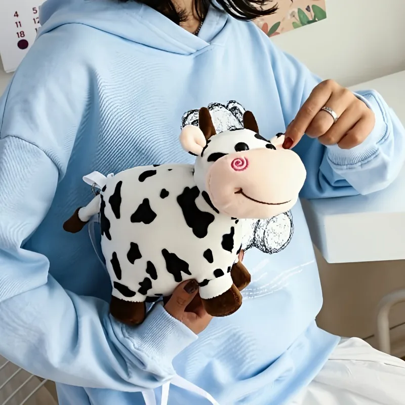 Urocza pluszowa torba na ramię w kształcie krowy, studencka kawaii torba crossbody z kreskówkowym motywem, uniwersalny pluszowy plecak na co dzień, prezent dla przyjaciela.