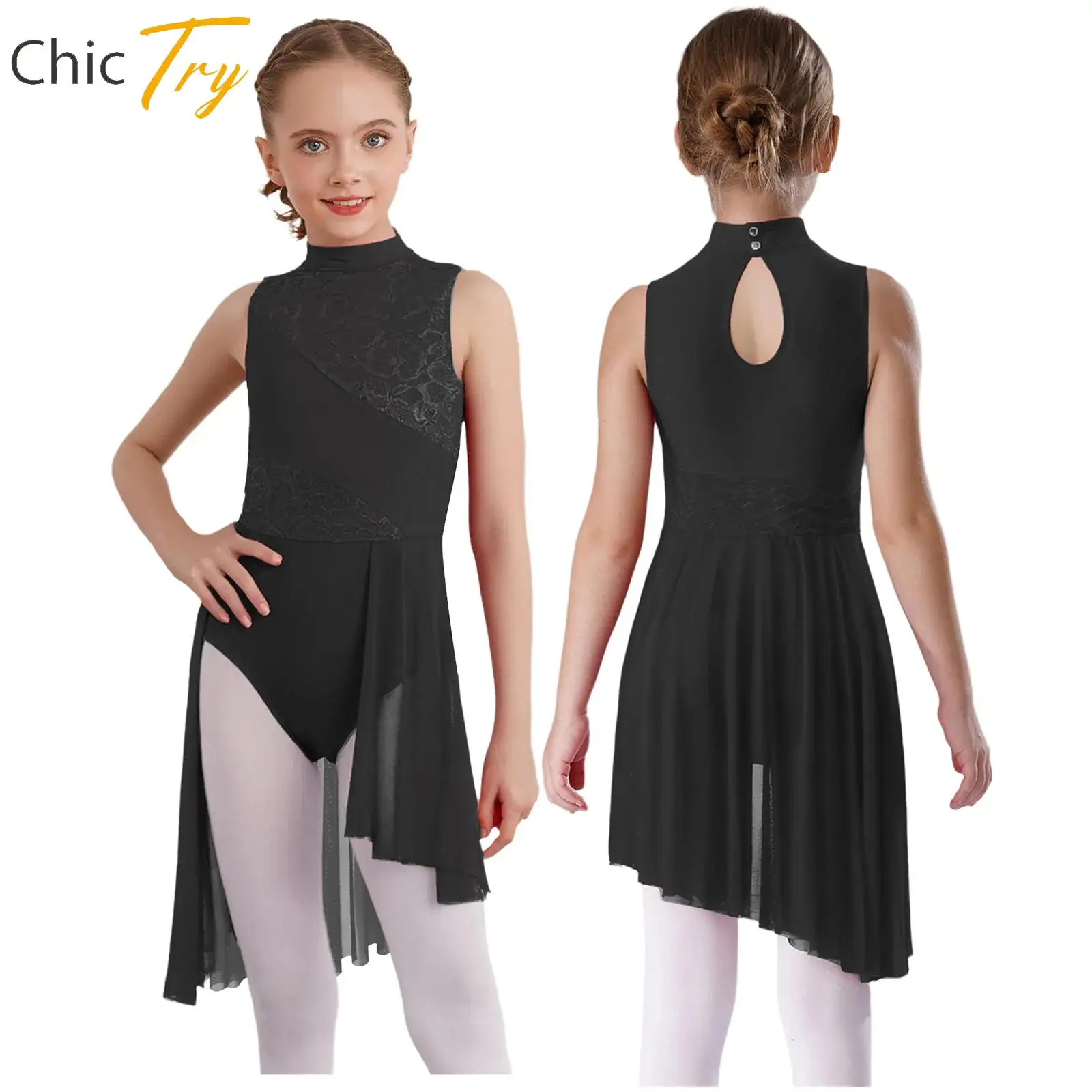 Vestido contemporáneo lírico para niñas, trajes de actuación de patinaje artístico de danza moderna, vestido sin mangas con dobladillo asimétrico de encaje Floral