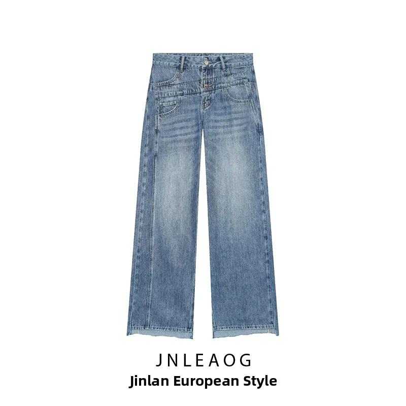 JNLEAOG Comfortable High Waist Wide Leg Denim Pants Women's Style Autumn New Arrival Double Layer Waist Design 6101