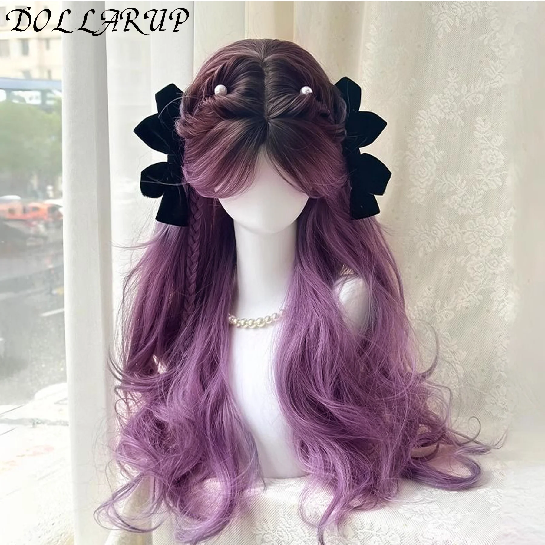 

Long curly hair lace Black And Purple Gradient Cosplay Wigs Heat Resistant Synthetic Wigs Bangs Natural Lolita Wigs For Women