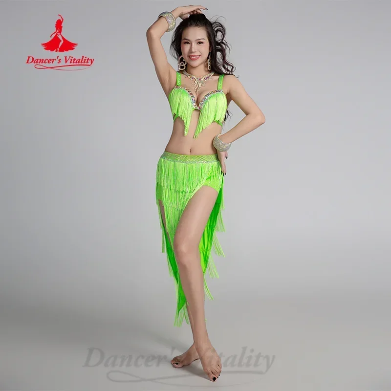 Belly Dance Performance Costume Set  Senior AB Stones Bra+Sexy Tassel Split Skirt 2pcs Oriental Belly Dancing Competition Outfit