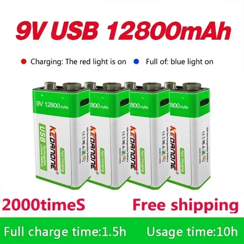 

2024 9V battery 12800mAh li-ion Rechargeable battery Type-C Battery 9v for Multimeter Microphone Toy Remote Control KTV use