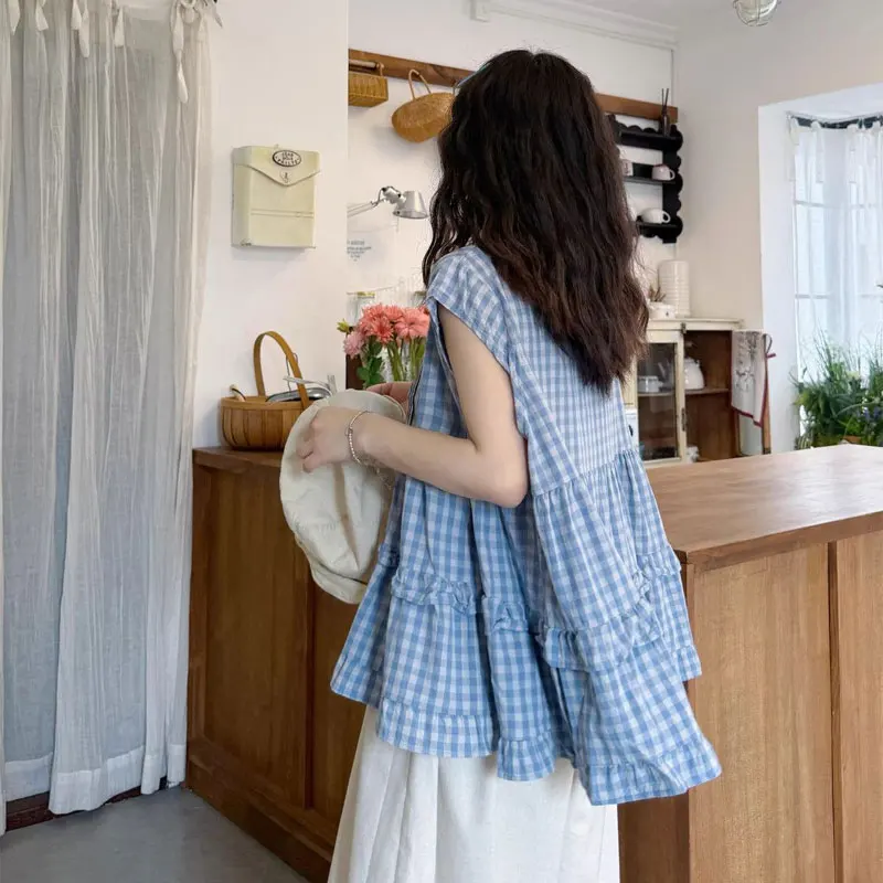 Fashionable Plaid Temperament Blouse Women's Clothing Loose Casual Versatile Summer Korean Round Neck Chic Folds Spliced Shirts