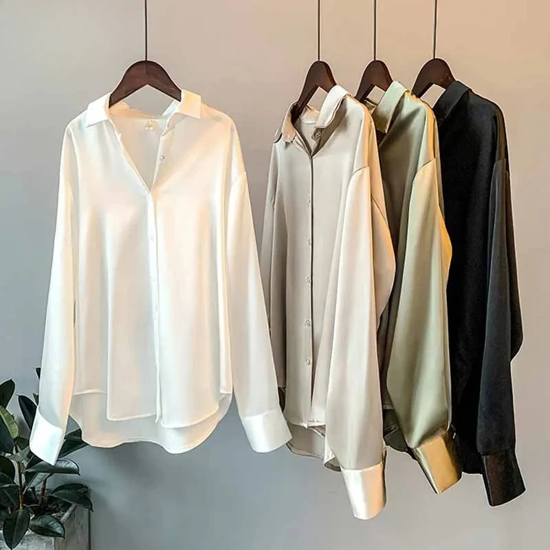 

Spring Fashion Button Up Satin Silk Shirt Vintage Blouse Women White Tops Lady Long Sleeves Female Loose Street Shirts 11355