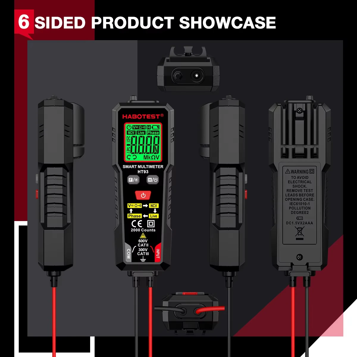 HABOTEST HT93 جهاز قياس الجهد الكهربائي الرقمي المتعدد 2000 التهم 600 فولت التيار المتناوب/تيار مستمر فولت متر NCV المرحلة تسلسل السيارات تتراوح المتعدد #6