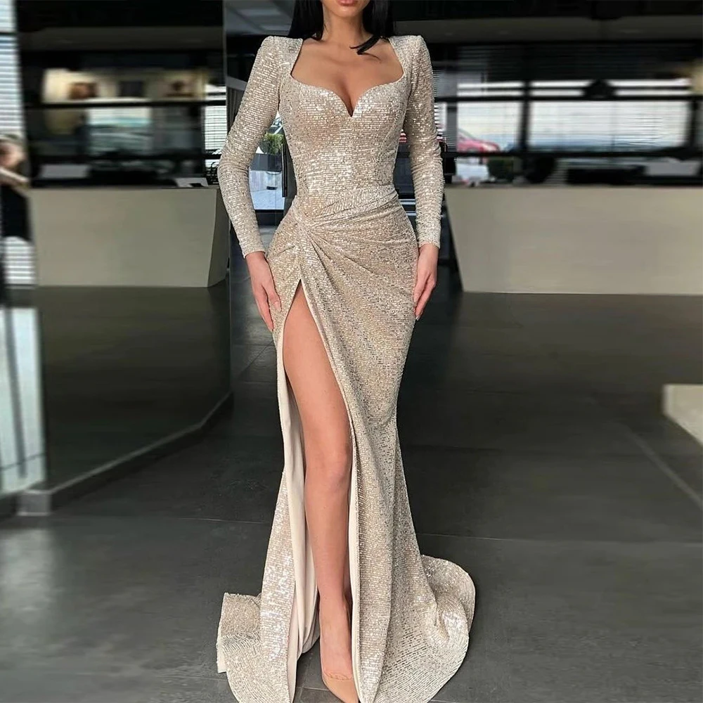 

Square Neck Sparkling High Fork Gold Mermaid Dresses Luxury Beads Sheath Women Formal Ceremony Banquet Evening Prom Dresses 2023