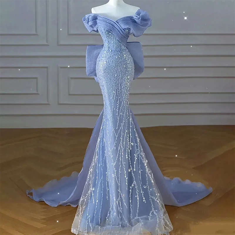 Fashion Sky Blue Sequins Prom Formal Dress 2024 Off the Shoulder Beads Bowknot Back Women Mermaid Evening Party Gowns