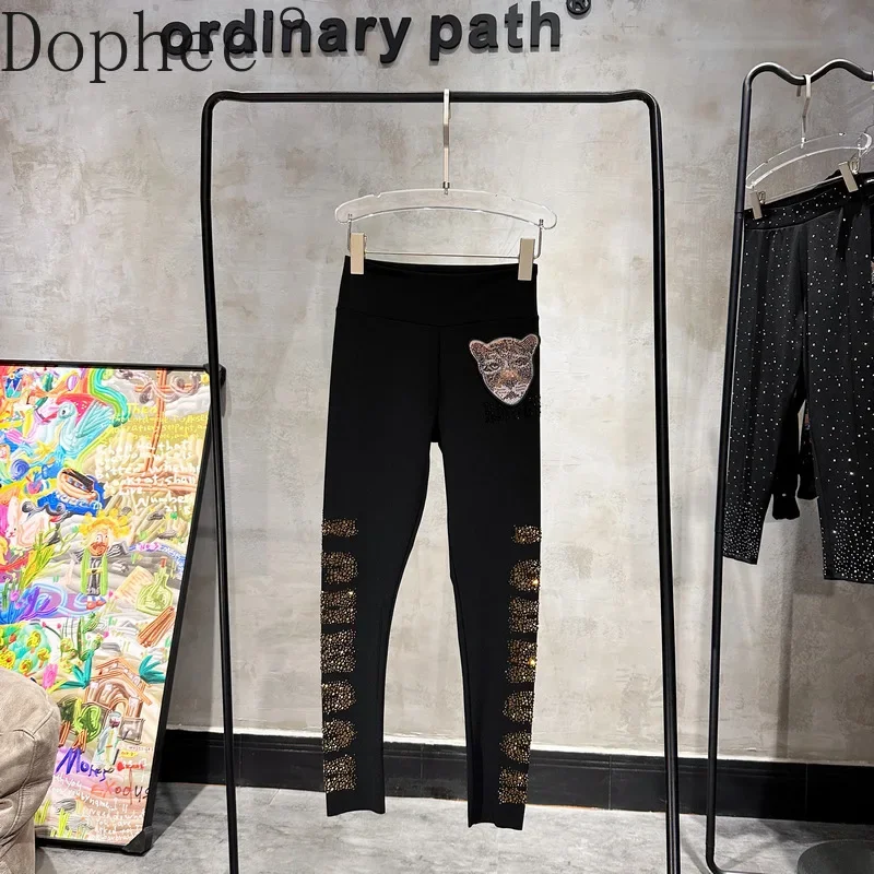 Luxury Gold Diamonds Women Leggings High Quality Streetwear Tight Hot Drilling Ank-length Bottom Pants Stretch Tight Leggings