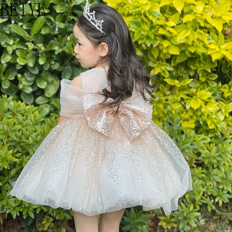 Princess Flower Girl Tutu Temperament Dress Back Bow Design Birthday Party Gown Children Summer Sleeveless Sweet Short Dress