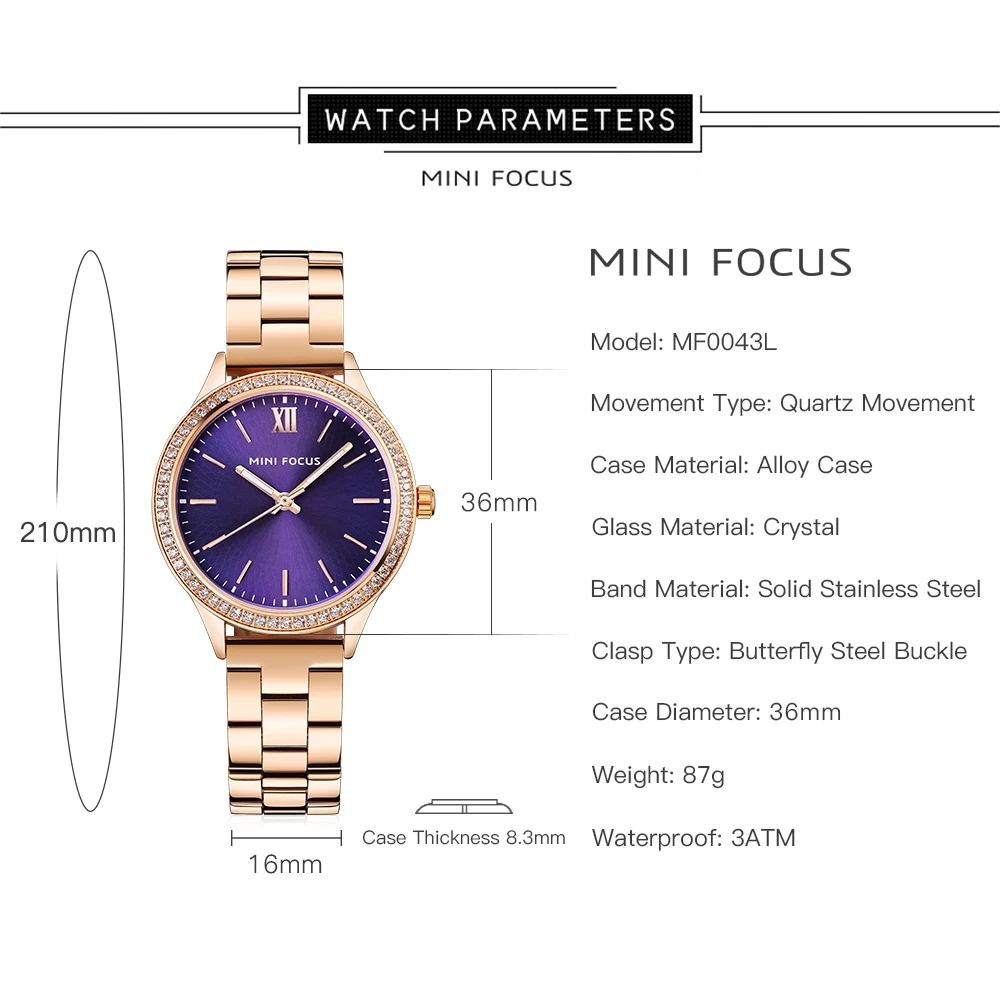 MINI FOCUS Japanese Movement Ladies Watch Stainless Steel Strap Elegant Fashion Female Clock Bracelet Wristwatch 0043L