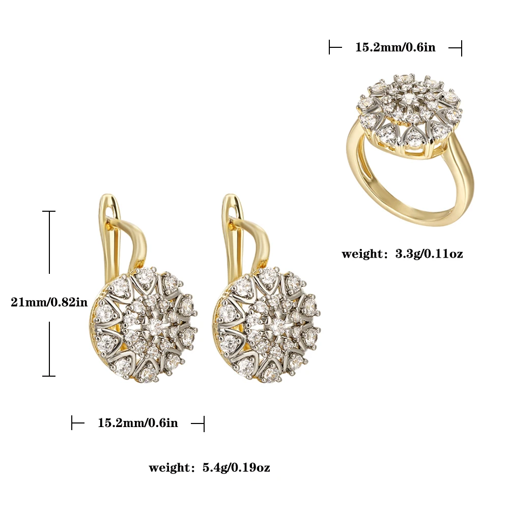 Crystal inlaid embedded vermiculite design earrings ring jewelry set copper plated 14K gold exquisite fashion gift