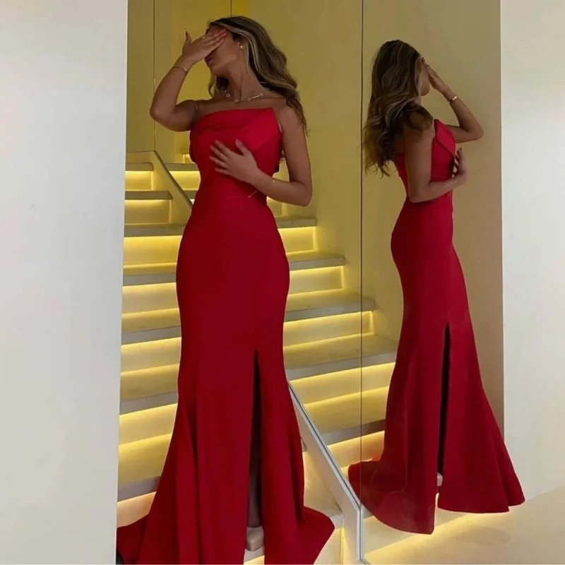 

Elegant Pleated Satin Evening Dress Sleeveless Cocktail Dress Floor-Length Mermaid Formal Occasion Party Dress