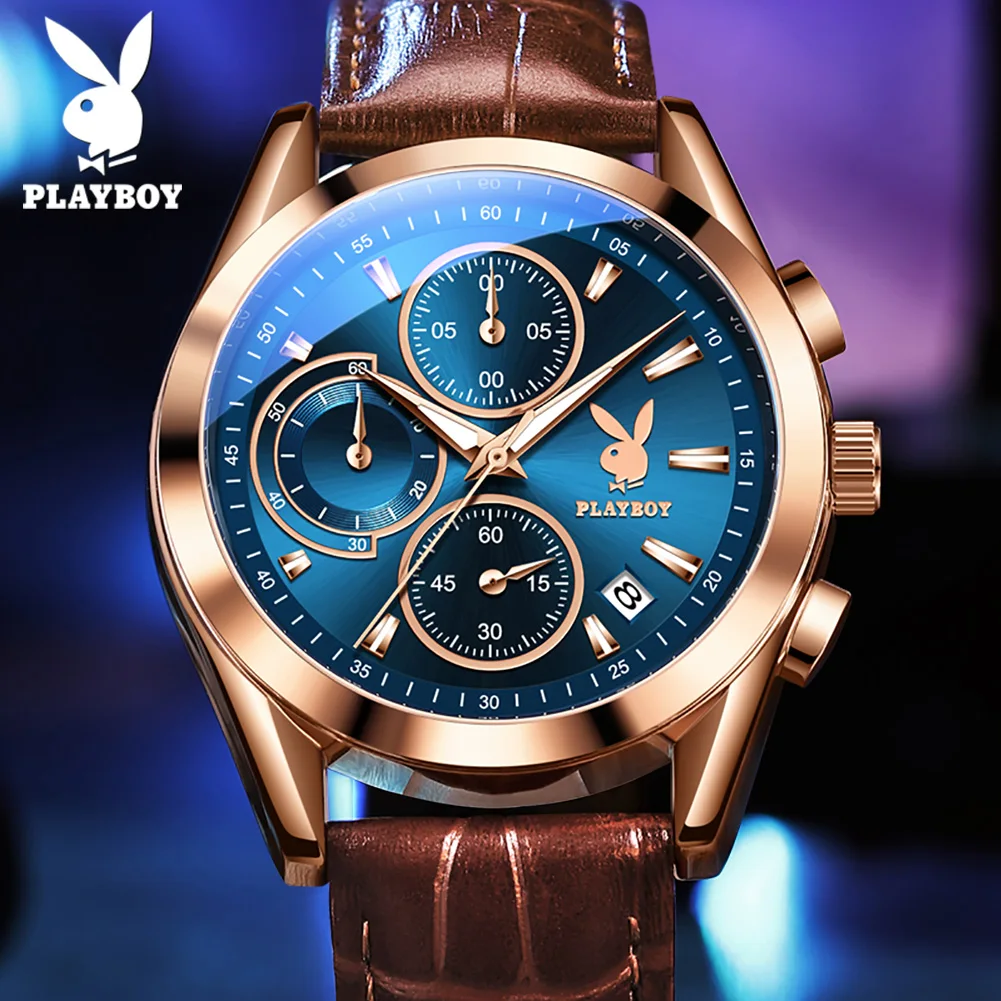 PLAYBOY Top Brand Quartz Watch for Men High Quality Leather Strap Luminous Male Watch Chronograph Auto Date Men\'s Wrist Watches