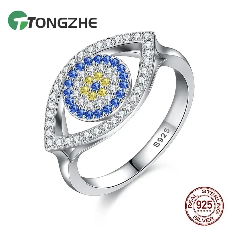 

TONGZHE Wedding Band Authentic 925 Sterling Silver Love Rings Lucky Blue Evil Eyes Charm Crystal Finger Womens Rings Jewelry