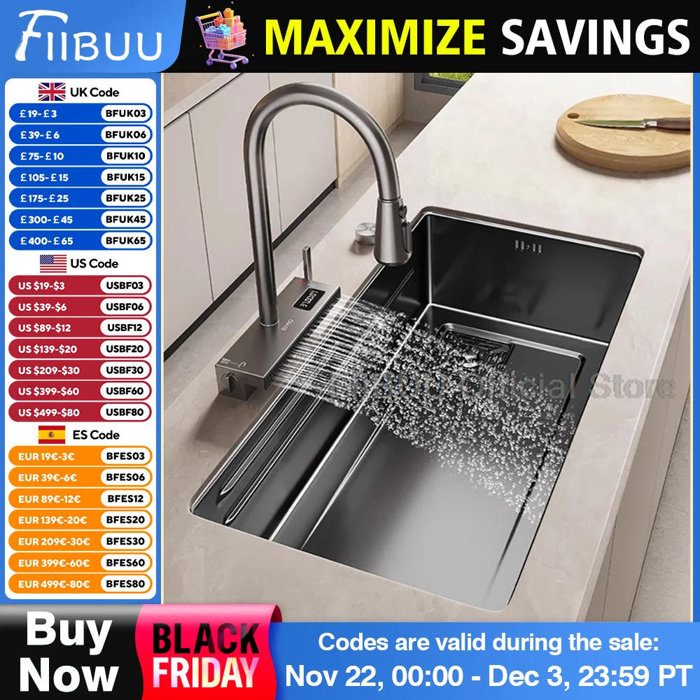 Black 304 Stainless Steel Kitchen Sink Single Bowl Thickened Material Wear-Resistant Vegetable Workstation Drainage Accessories