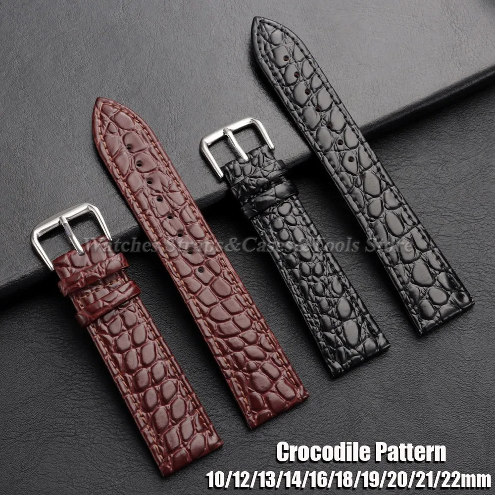 Genuine Leather Watch Band Soft Slim Lychee Pattern Pin Buckle Strap 10/12/13/14/16/18/19/20/21/22mm Crocodile Pattern Wristband