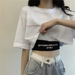 White Short Sleeved T-shirt Women Summer New 2025 Short High Waist Loose Crop Top Casual Basic Dancing Tees