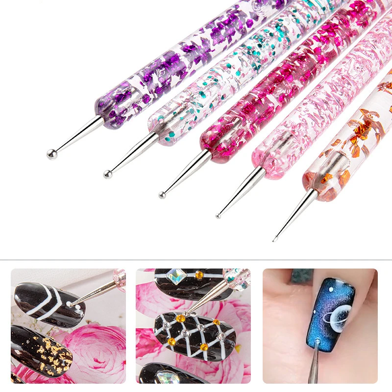 5Pcs DualEnded Nail Art Dotting Pen, Acrylic Glitter Handle for Rhinestone PickUp Dot & Flower Painting DIY Manicure Tool