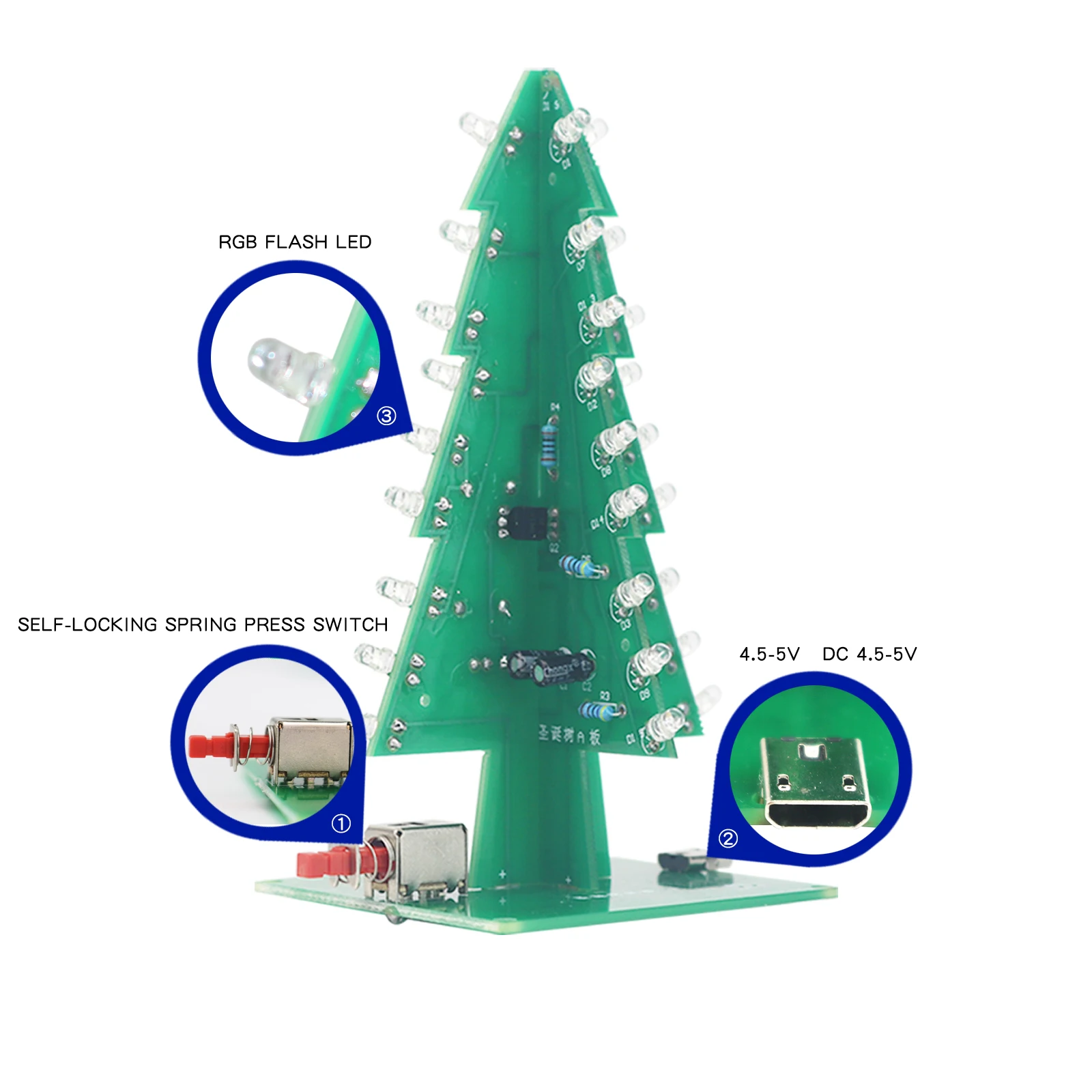 DWC-Kit de electrónica 3D para práctica de soldadura de árbol de Navidad, Kit de ensamblaje de ciencia electrónica, PCB LED intermitente de 3 colores/7 colores