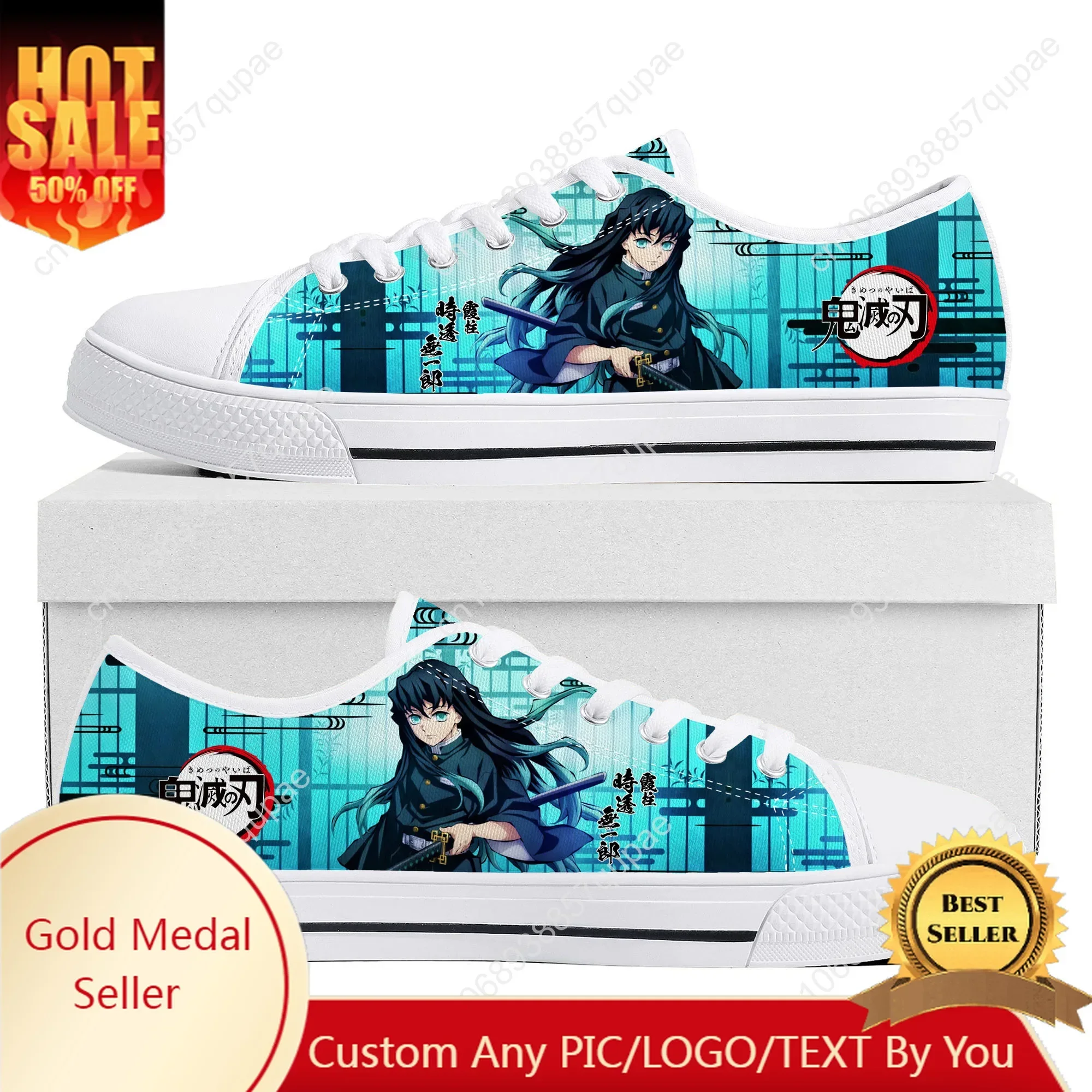 Muichiro Tokito Sepatu Low Top Pria Wanita Remaja Sepatu Kanvas Berkualitas Tinggi Sepatu Pasangan Kasual Sepatu Kustom Anime Kartun