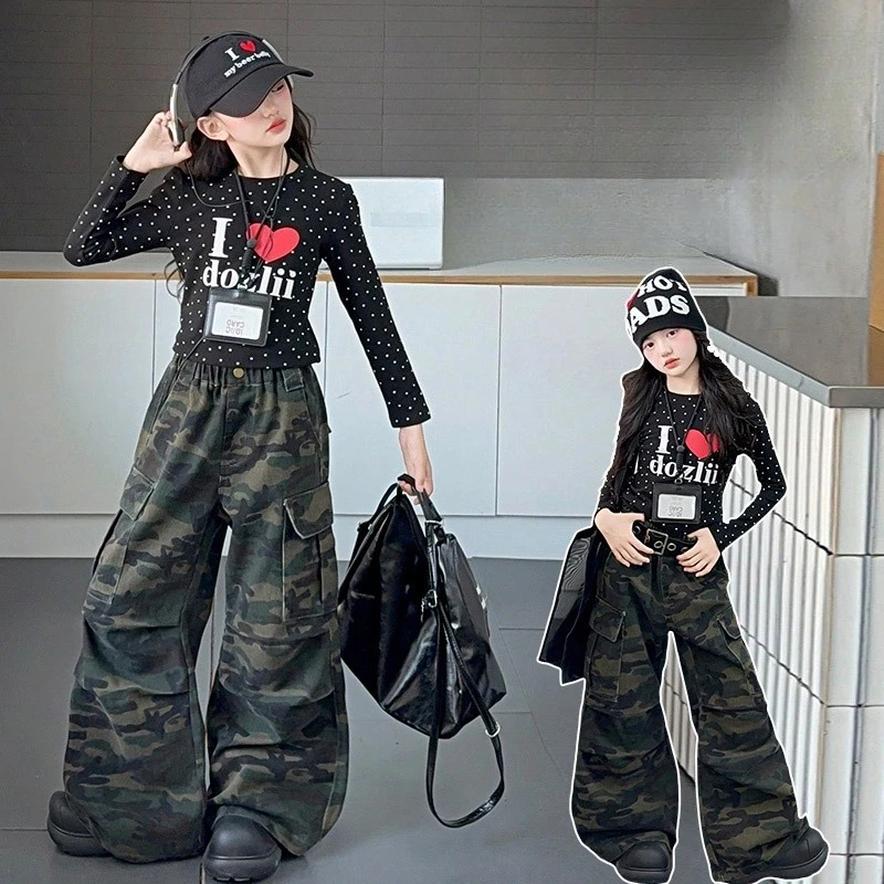 

teen girl camouflage pants fashion junior kids multi-pocket cargo pants cotton Dot printed letter T-shirt child trousers outfits