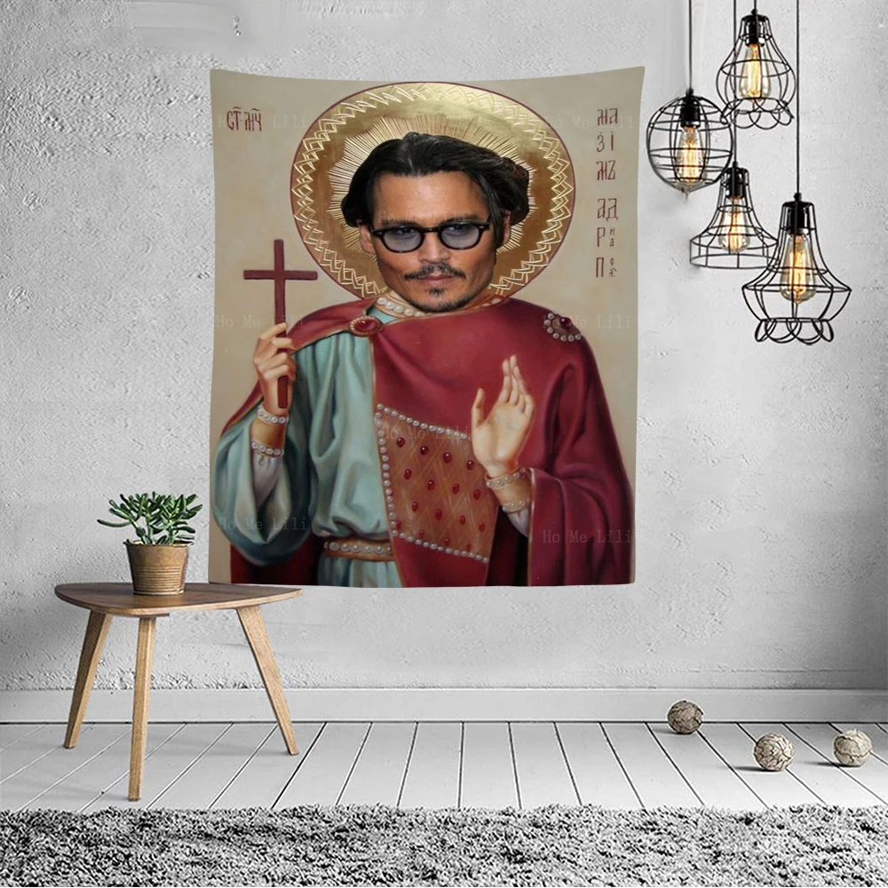 Johnny Depp Celebrities Portraits Imitation Jesus Christ With A Cross In His Hand Tapestry Wall Hanging