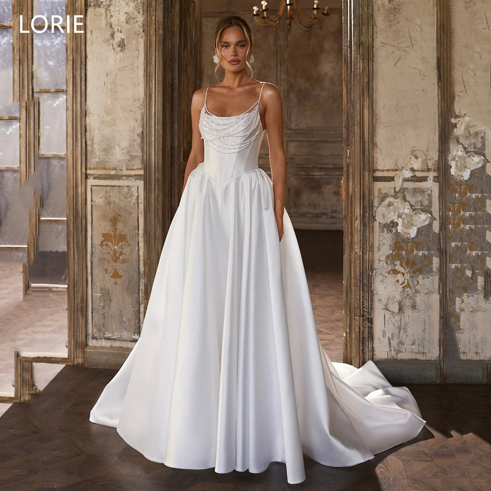 

LORIE Charming White Satin Wedding Dresses Spaghetti Straps Pearls Bride Prom Gown Draped A-Line Bridal Gowns Customized