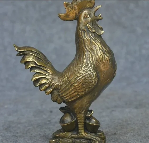 Chinese Folk FengShui Copper Bronze Zodiac Chicken Cock Rooster Statue