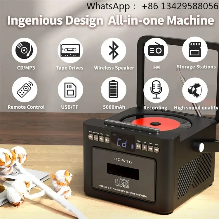 Portable All-in-One Boombox, CD Player + Cassette Tape Player Built-in Bluetooth Stereo Speaker