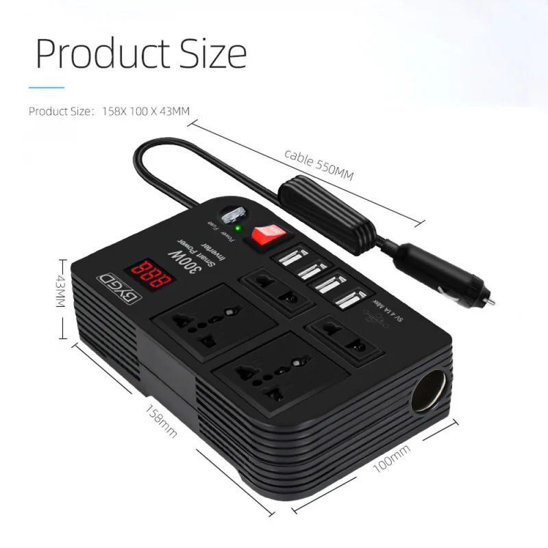 300W Car Power Inverter DC 12V to AC 220V Auto Voltage Converter with Multi Universal Socket 4 USB Ports for Laptop Phone Chargi