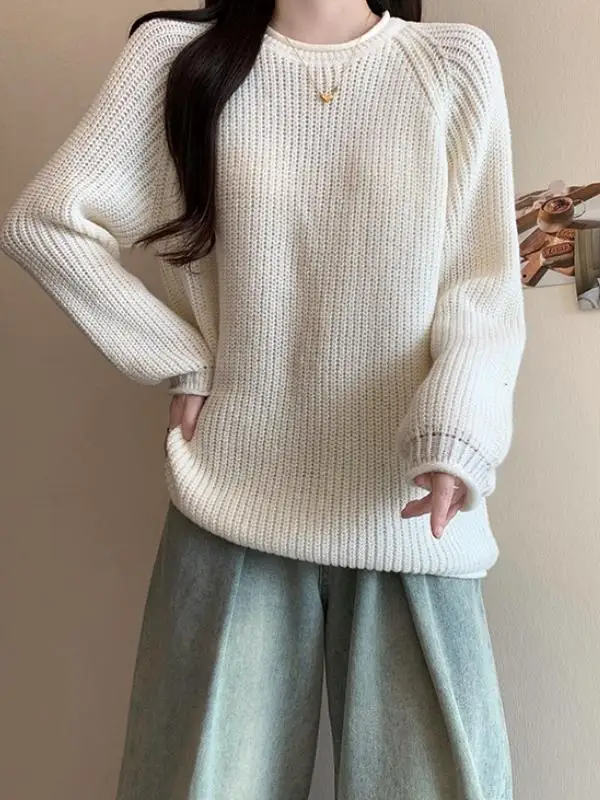 Large Size Pumpkin Color Knitted Sweater Women's Fashion Autumn Clothes Shoulder Insertion Long Sleeve round Neck Top